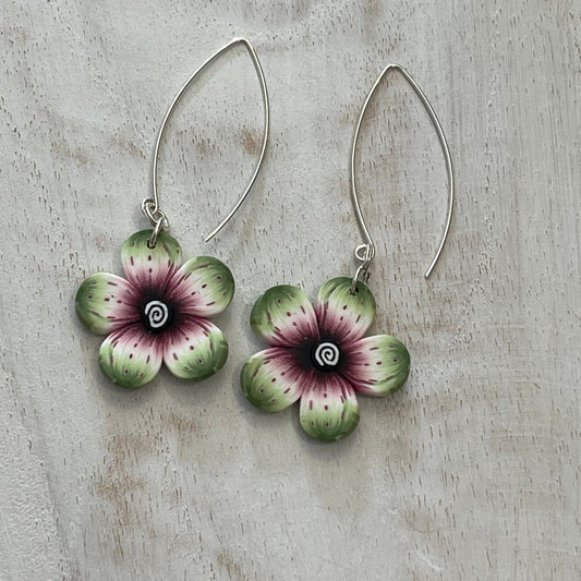 Lightweight polymer clay floral earrings with watercolor-blended petals in crimson, pink, black, and sage, on sterling silver drops by Stephanie Fraselle