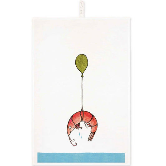 Artistic linen tea towel depicting a shrimp floating across the ocean by balloon