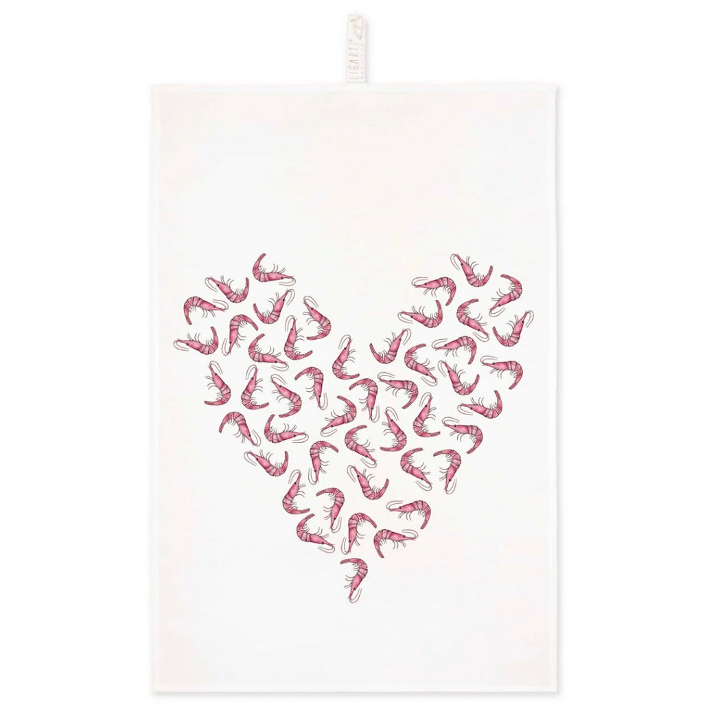 Linen tea towel with pink shrimps forming a heart design by Ligarti