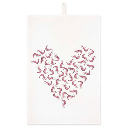 Linen tea towel with pink shrimps forming a heart design by Ligarti