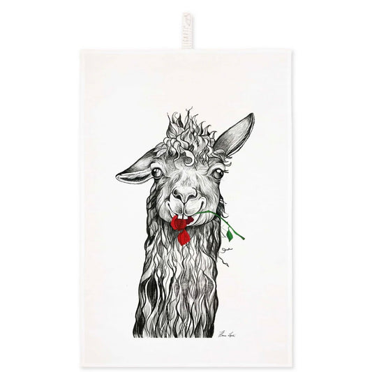 Linen tea towel featuring Steven the Llama holding a chewed red rose in his mouth