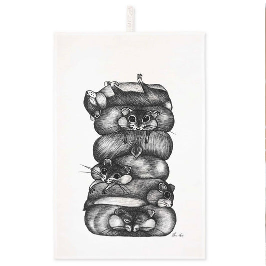 Linen tea towel with a playful illustration of a stack of chubby hamsters piled on top of each other
