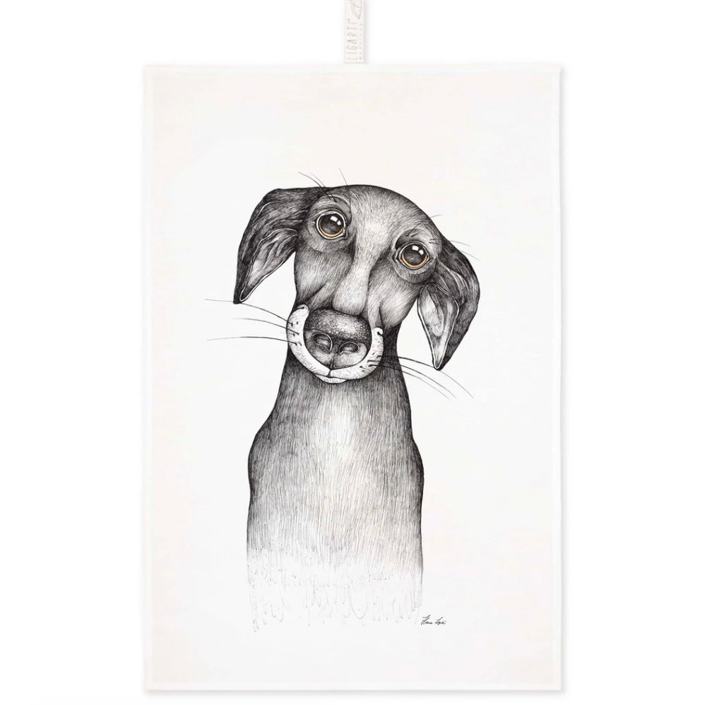 Illustration of a dog with a devoted, soulful expression printed on a linen tea towel