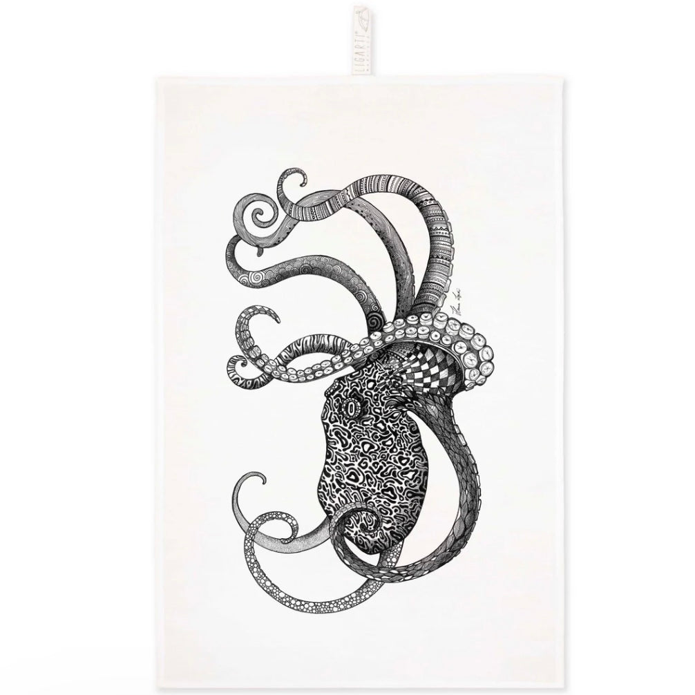 Detailed illustration of an octopus printed on a half linen tea towel