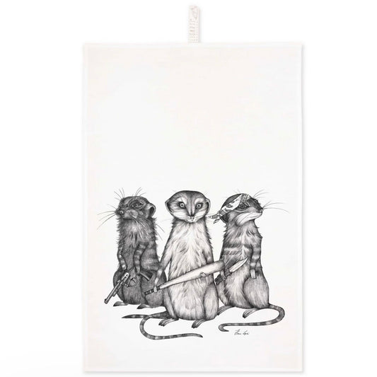 Black and white illustration of three meerkats standing tall, one with a bandana, one holding a baseball, on a linen tea towel