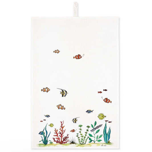 Colourful illustration of a coral reef with fishes swimming happily on a linen tea towel