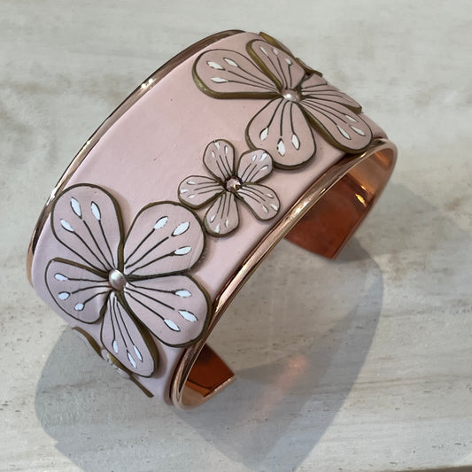 Rose Gold Bloom Cuff by Stephanie Fraselle, handcrafted floral bracelet in soft pink polymer clay with Swarovski pearls and 24k gold-plated brass base