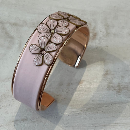 Rose Gold Bloom Cuff by Stephanie Fraselle, featuring hand-sculpted polymer clay flowers with Swarovski crystals and rose gold-plated brass base