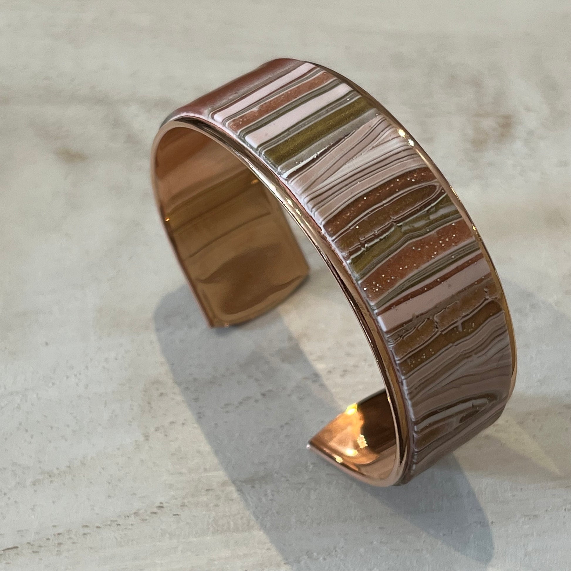 Rose Gold Striped Cuff from The Gilded Rose Collection by Stephanie Fraselle in Rose Gold with Hand-Sculpted Striped Clay, 21mm Wide, 16cm Long