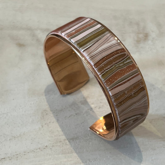 Rose Gold Striped Cuff from The Gilded Rose Collection by Stephanie Fraselle in Rose Gold with Hand-Sculpted Striped Clay, 21mm Wide, 16cm Long