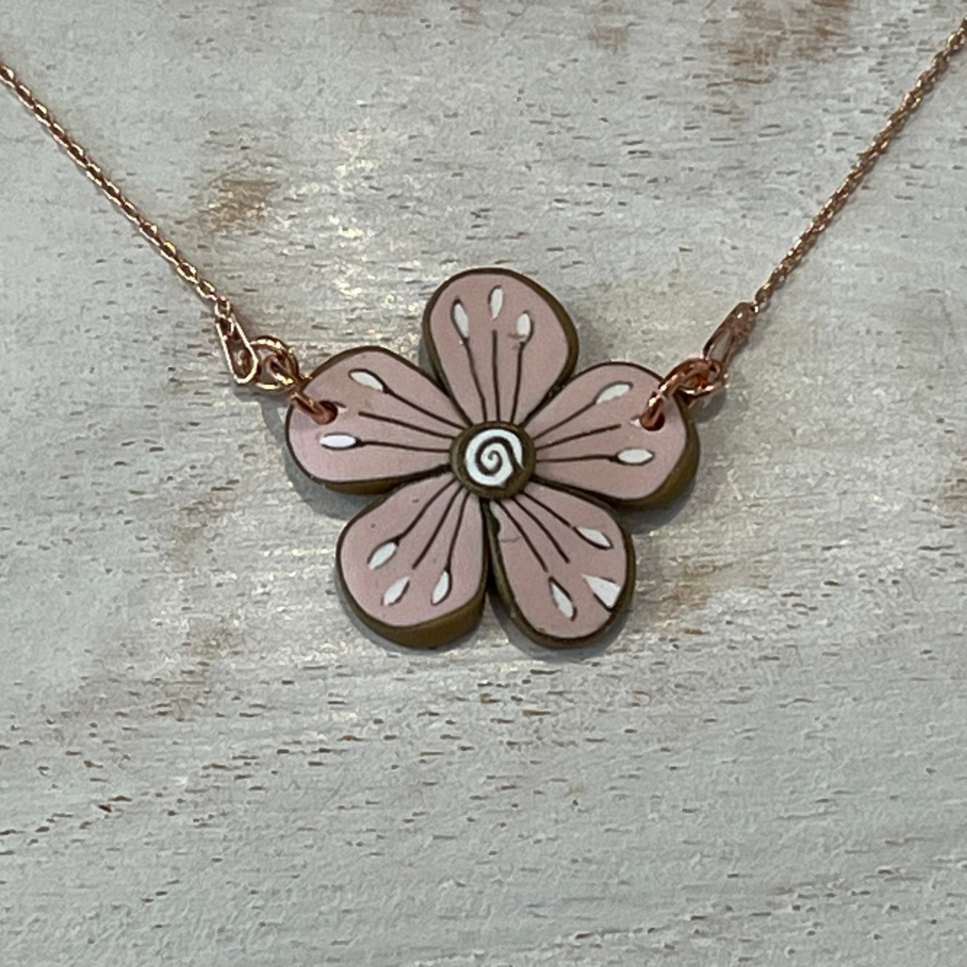 Handmade Floral Bloom Bracelet by Stephanie Fraselle – Pink and Gold Polymer Clay on Rose Gold-Plated Sterling Silver Chain