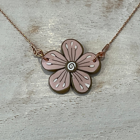 Handmade Floral Bloom Bracelet by Stephanie Fraselle – Pink and Gold Polymer Clay on Rose Gold-Plated Sterling Silver Chain