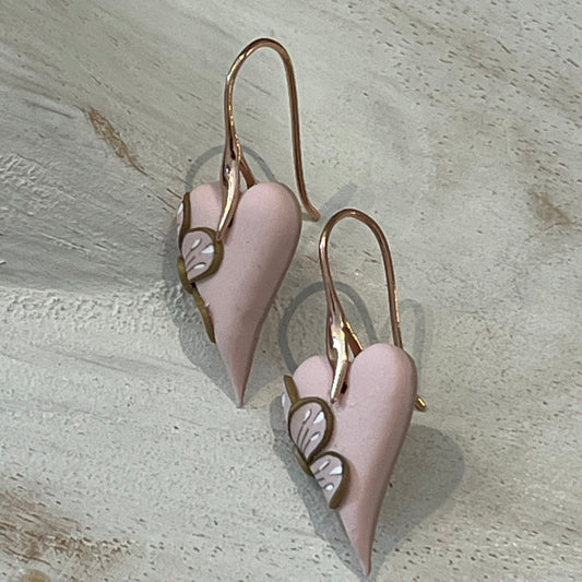 Be Still My Beating Heart Earrings by Stephanie Fraselle – Handmade Powder Rose Hearts with Gold-Edged Bloom on Rose Gold Hooks