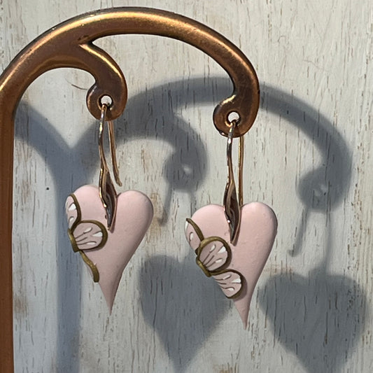 Be Still My Beating Heart Earrings by Stephanie Fraselle – Handmade Powder Rose Hearts with Gold-Edged Bloom on Rose Gold Hooks