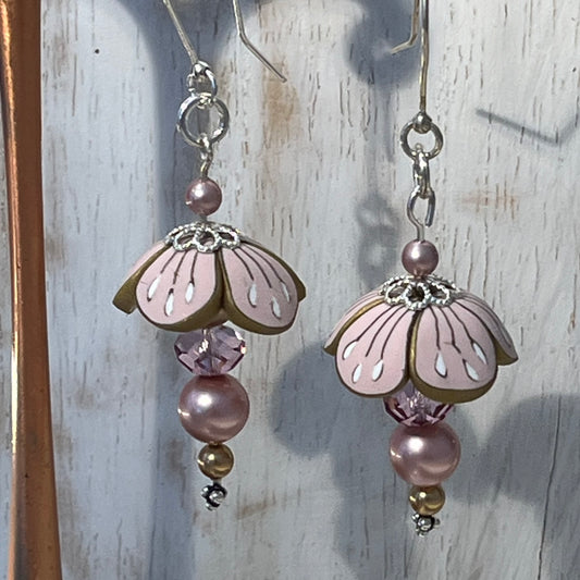 Pastel Blossom Earrings by Stephanie Fraselle in powder pink and gold with Swarovski pearls and crystals
