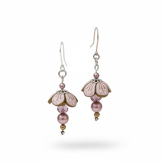 Pastel Blossom Earrings by Stephanie Fraselle in powder pink and gold with Swarovski pearls and crystals
