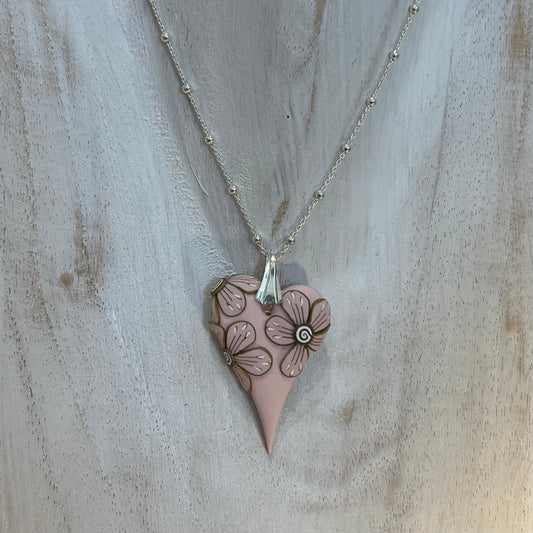 Curved Heart Pendant in Powder Rose by Stephanie Fraselle – Handmade Sculptural Necklace with Floral Accent