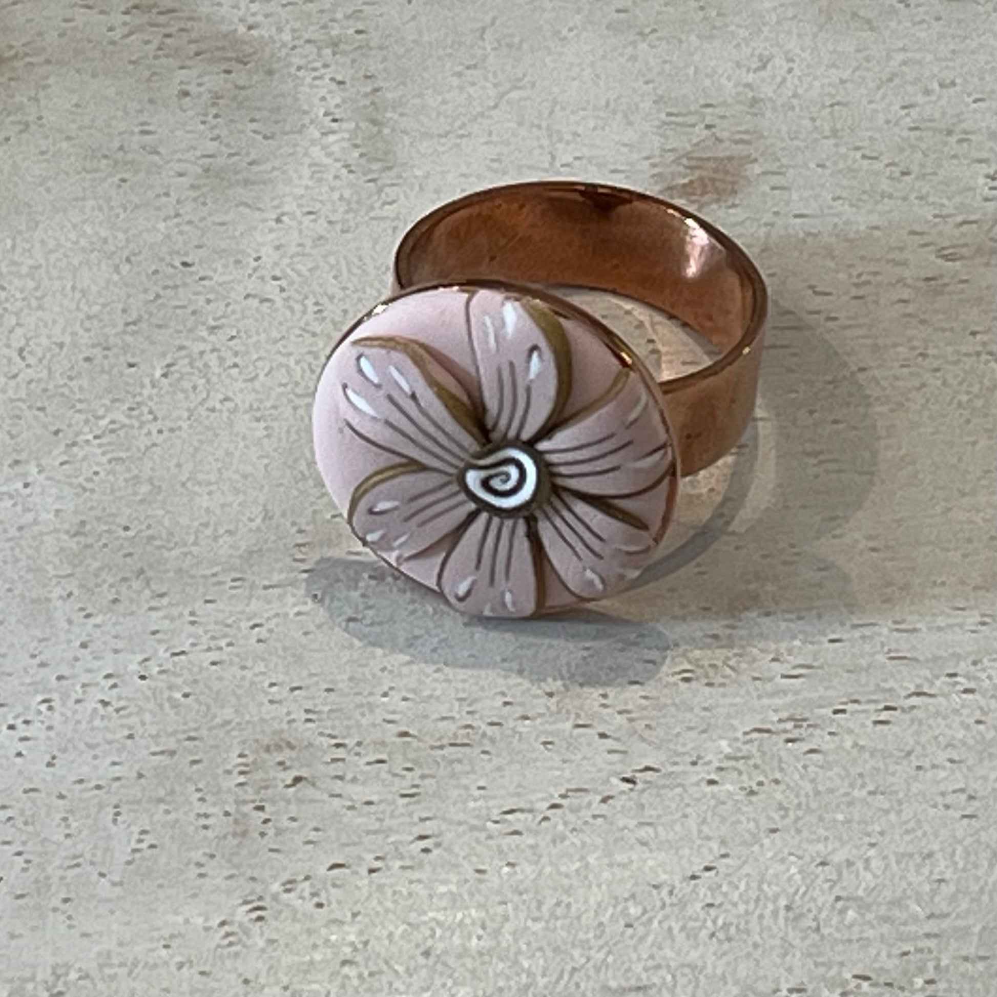 Handmade Floral Bloom Adjustable Ring by Stephanie Fraselle – Rose Gold-Plated Brass with Pink and Gold Polymer Clay Petals