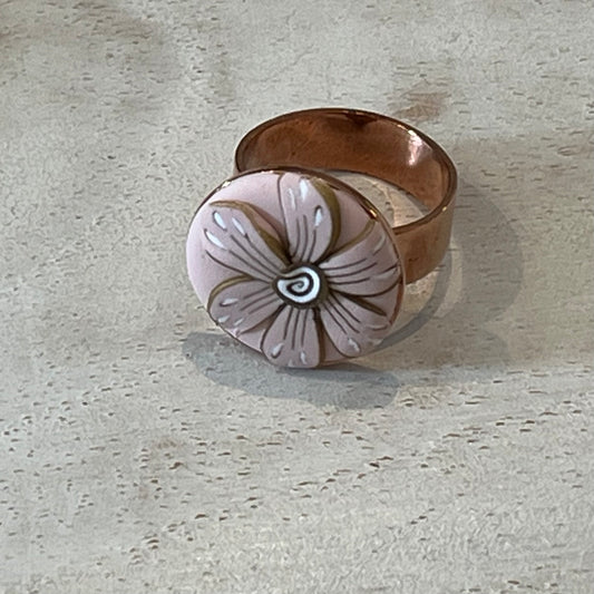 Handmade Floral Bloom Adjustable Ring by Stephanie Fraselle – Rose Gold-Plated Brass with Pink and Gold Polymer Clay Petals