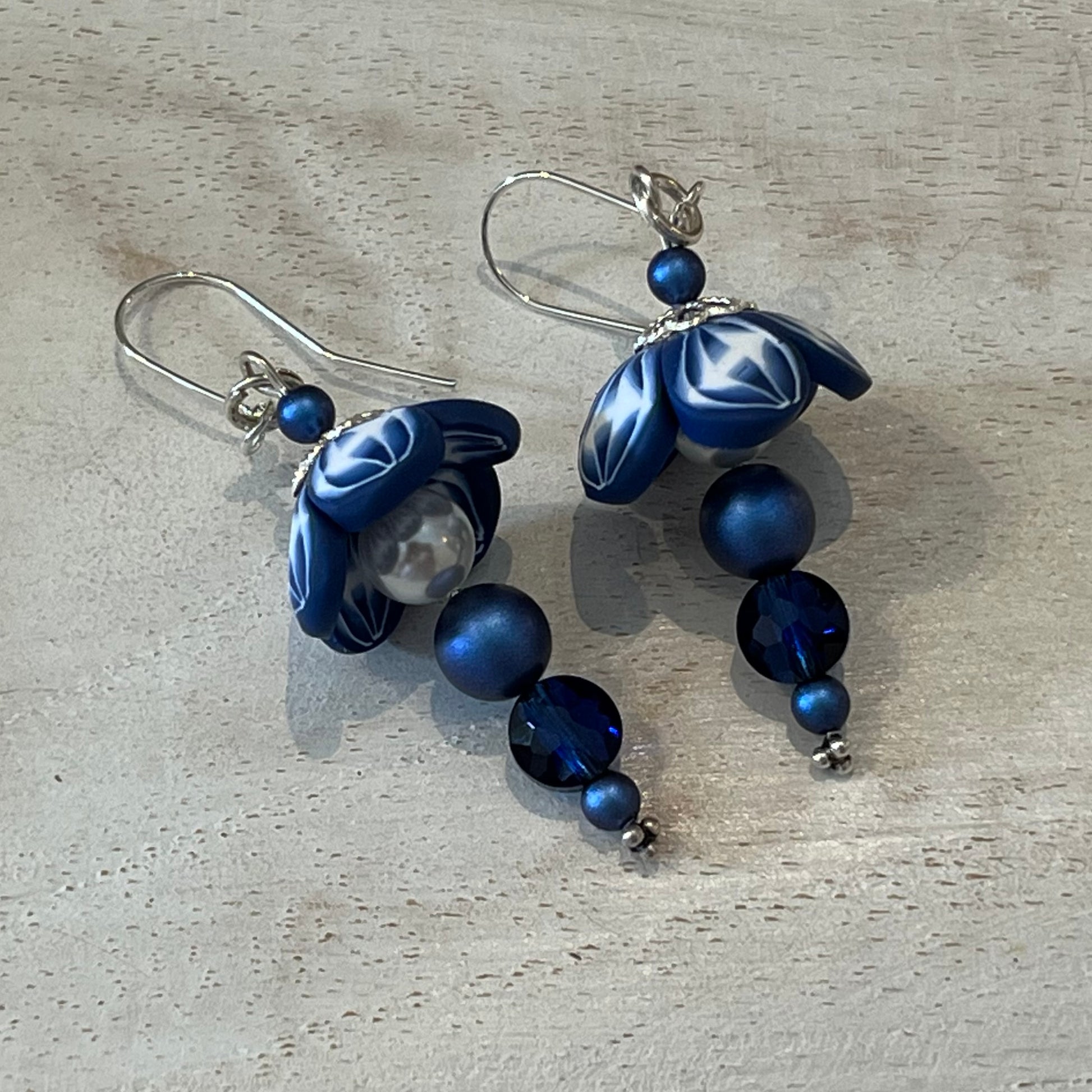 Handcrafted Navy Blossom Earrings with Swarovski Pearls and Sterling Silver by Stephanie Fraselle