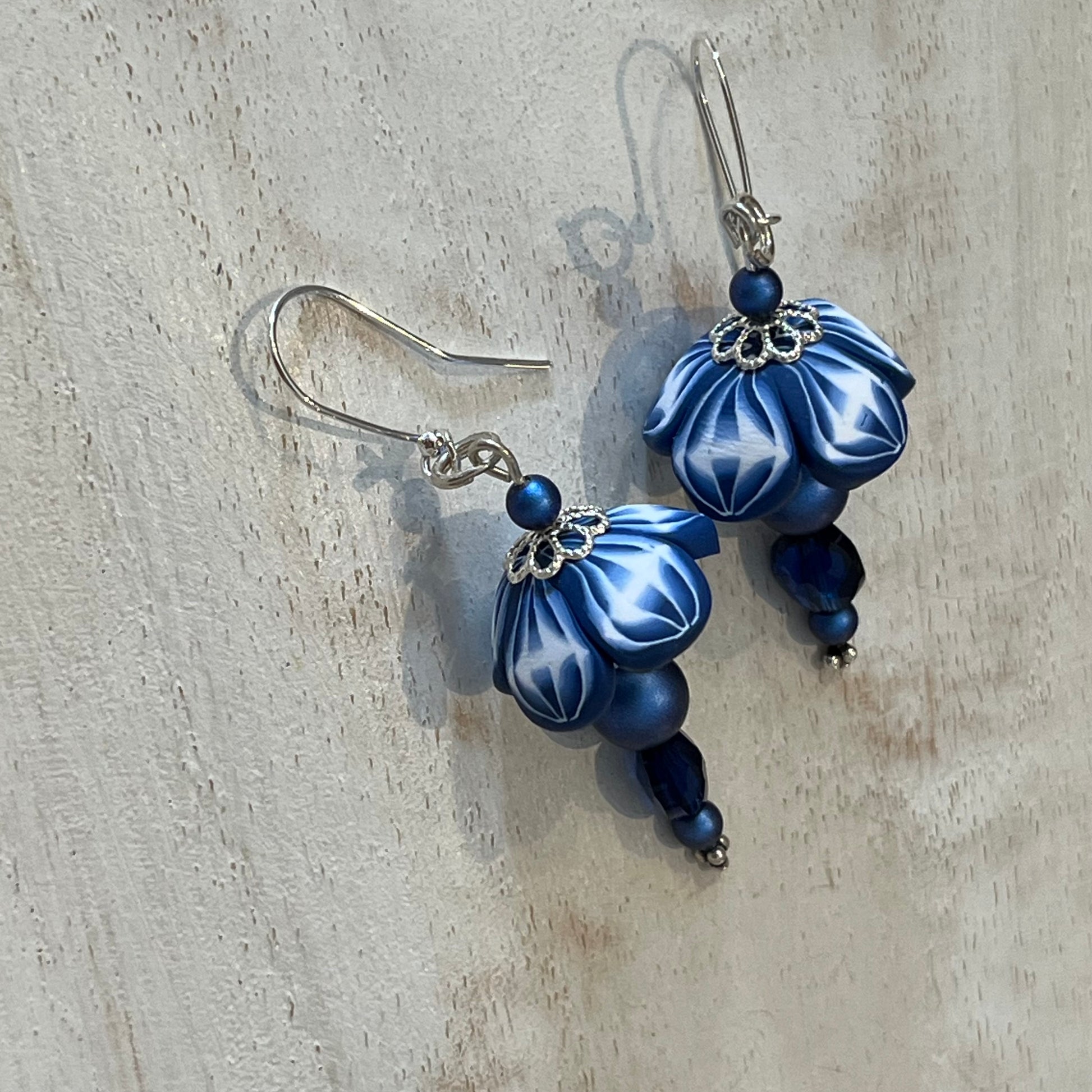 Handcrafted Navy Blossom Earrings with Swarovski Pearls and Sterling Silver by Stephanie Fraselle