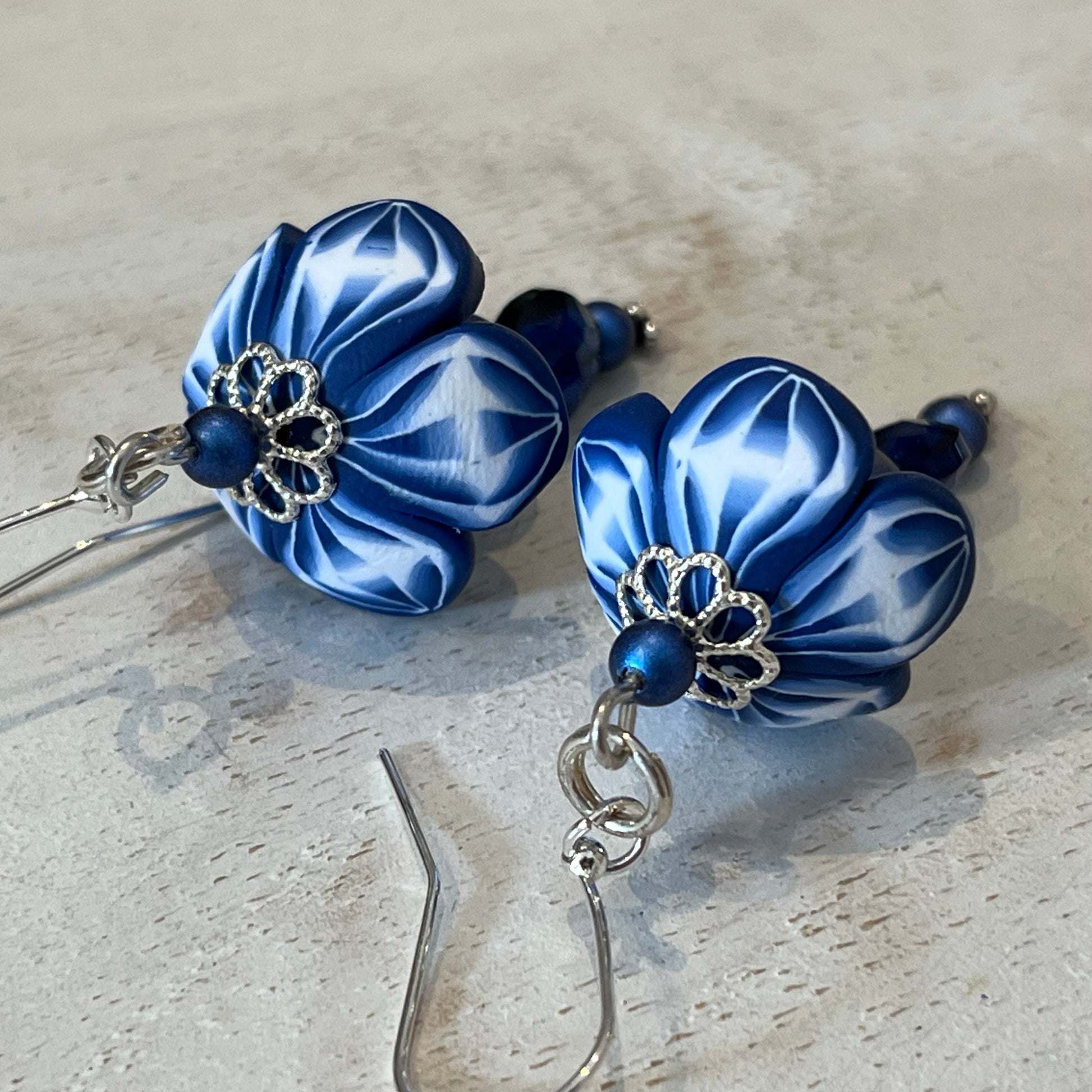 Handcrafted Navy Blossom Earrings with Swarovski Pearls and Sterling Silver by Stephanie Fraselle