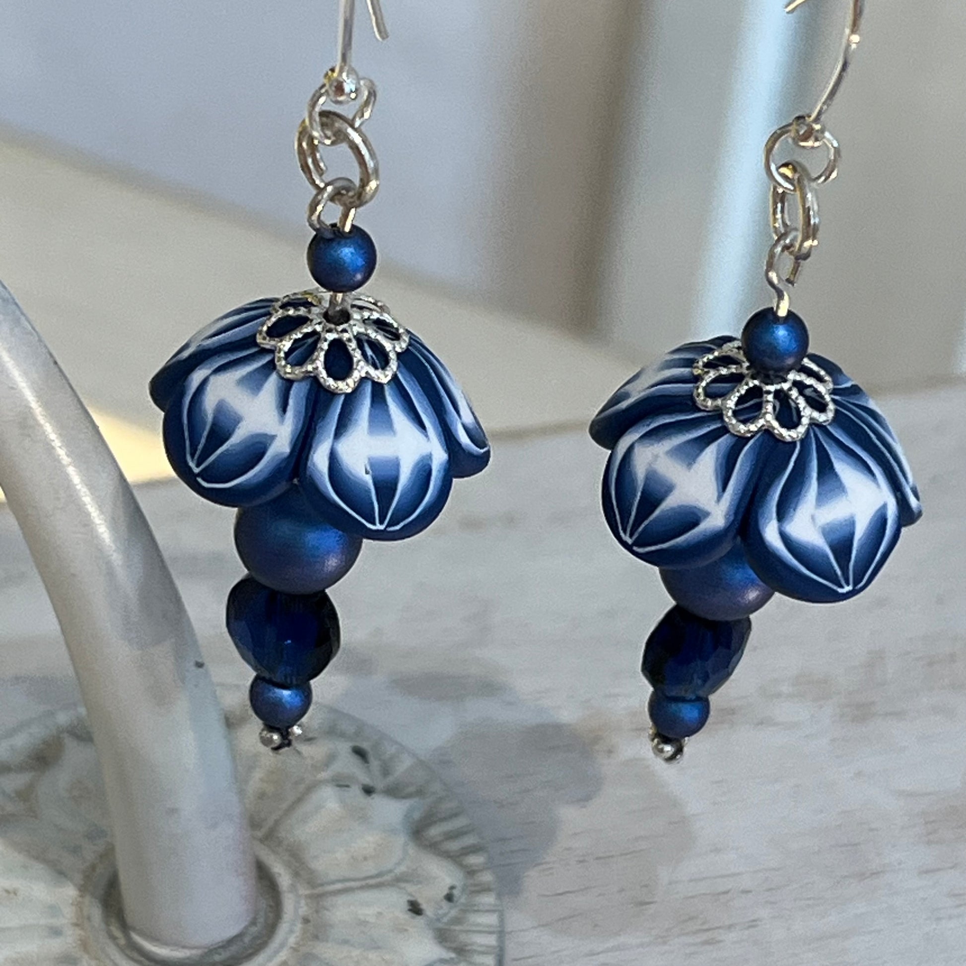 Handcrafted Navy Blossom Earrings with Swarovski Pearls and Sterling Silver by Stephanie Fraselle