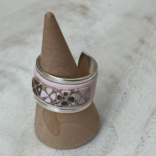 Rose gold‑tone adjustable mosaic ring featuring hand‑sculpted polymer clay in soft layers of dusky pink, powder rose, and gold shimmer, set over vintage brass; open‑ended design (54 mm–62 mm) with an optional forward or inward orientation; approximately 14.5 mm wide by 62 mm long, nickel‑, cadmium‑, and lead‑free.