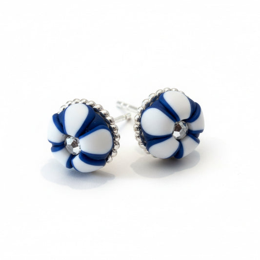 Marégraphie White and Navy stud earrings in sterling silver with Swarovski crystal by Stephanie Fraselle