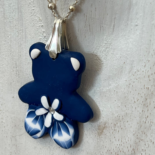 Minimalist handcrafted navy bear pendant with marégraphie polymer clay design on sterling silver chain
