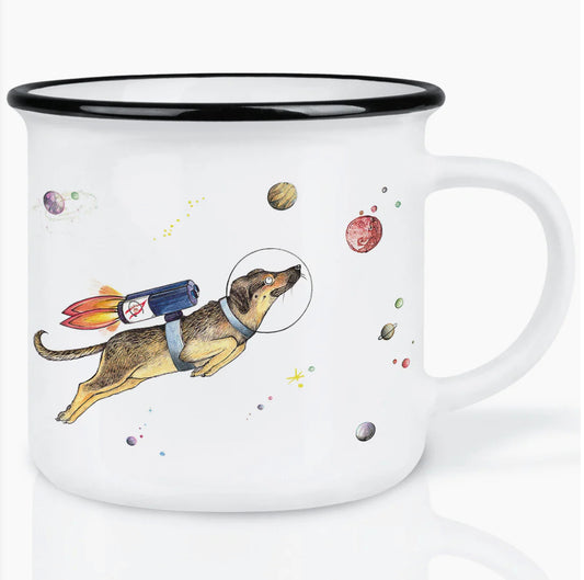 Minimalist ceramic mug with illustration of a dog floating in space, designed by artist Hanna
