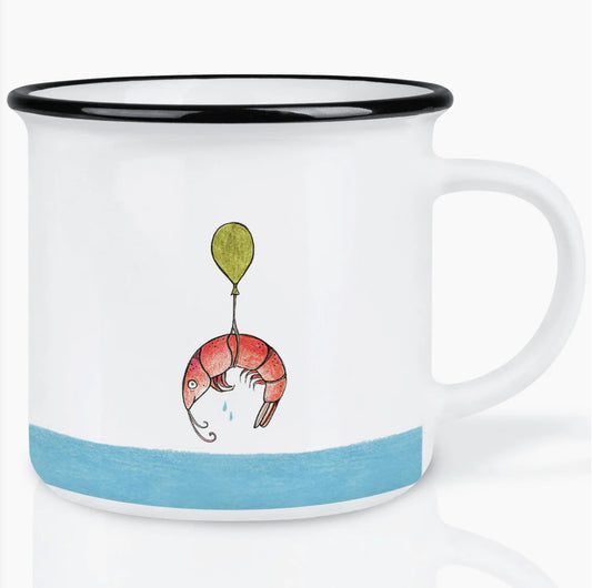 Minimalist ceramic mug with illustrated shrimp floating over blue ocean brushstroke, held by a green balloon