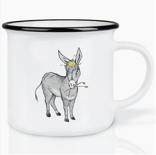 Minimalist ceramic mug featuring an illustration of a grazing donkey, designed by artist Hanna