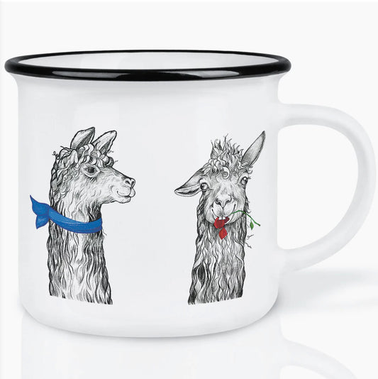 Carpe Diem llama ceramic mug, hand-finished in Germany, whimsical llama illustrations by Hanna