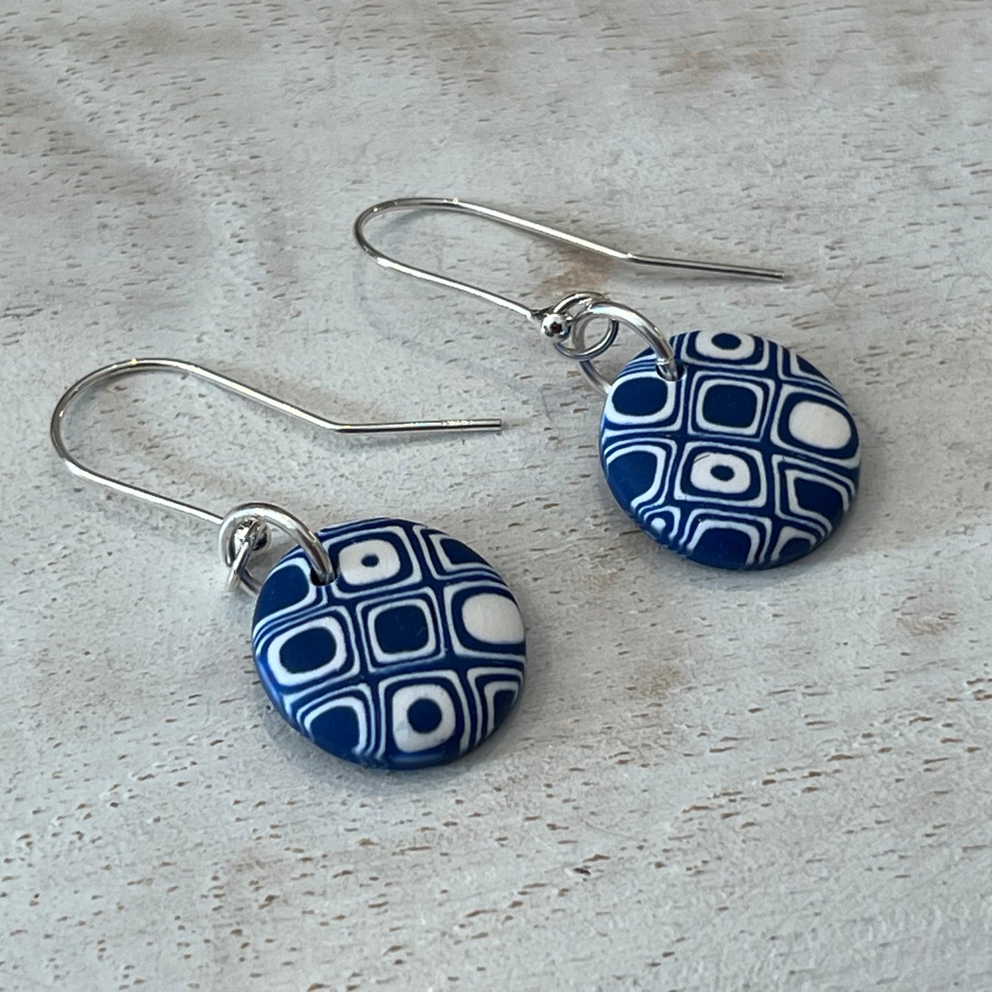 Handcrafted mosaic disc earrings in sterling silver, handmade in Lanzarote by Stephanie Fraselle, lightweight artisan jewelry
