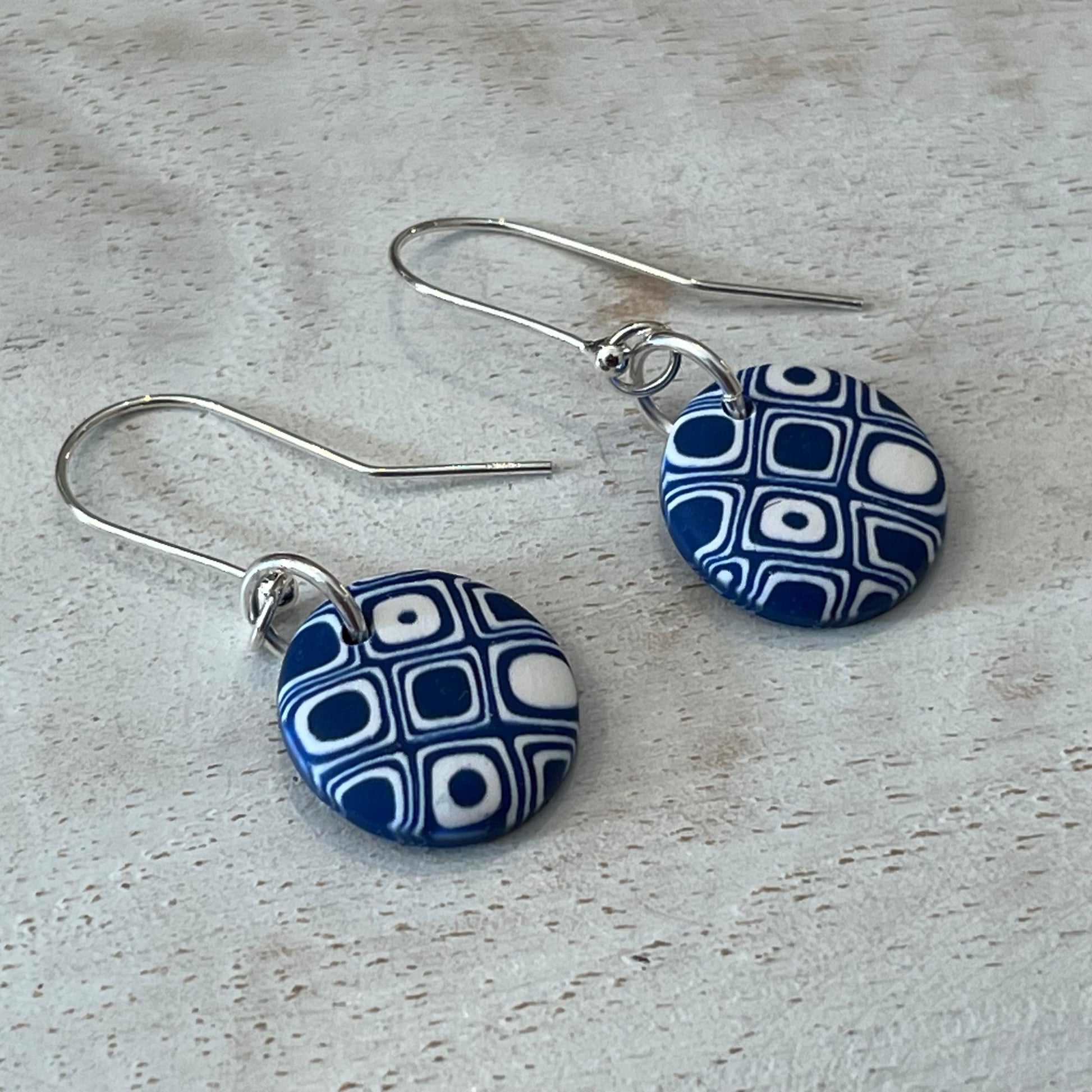 Handcrafted mosaic disc earrings in sterling silver, handmade in Lanzarote by Stephanie Fraselle, lightweight artisan jewelry