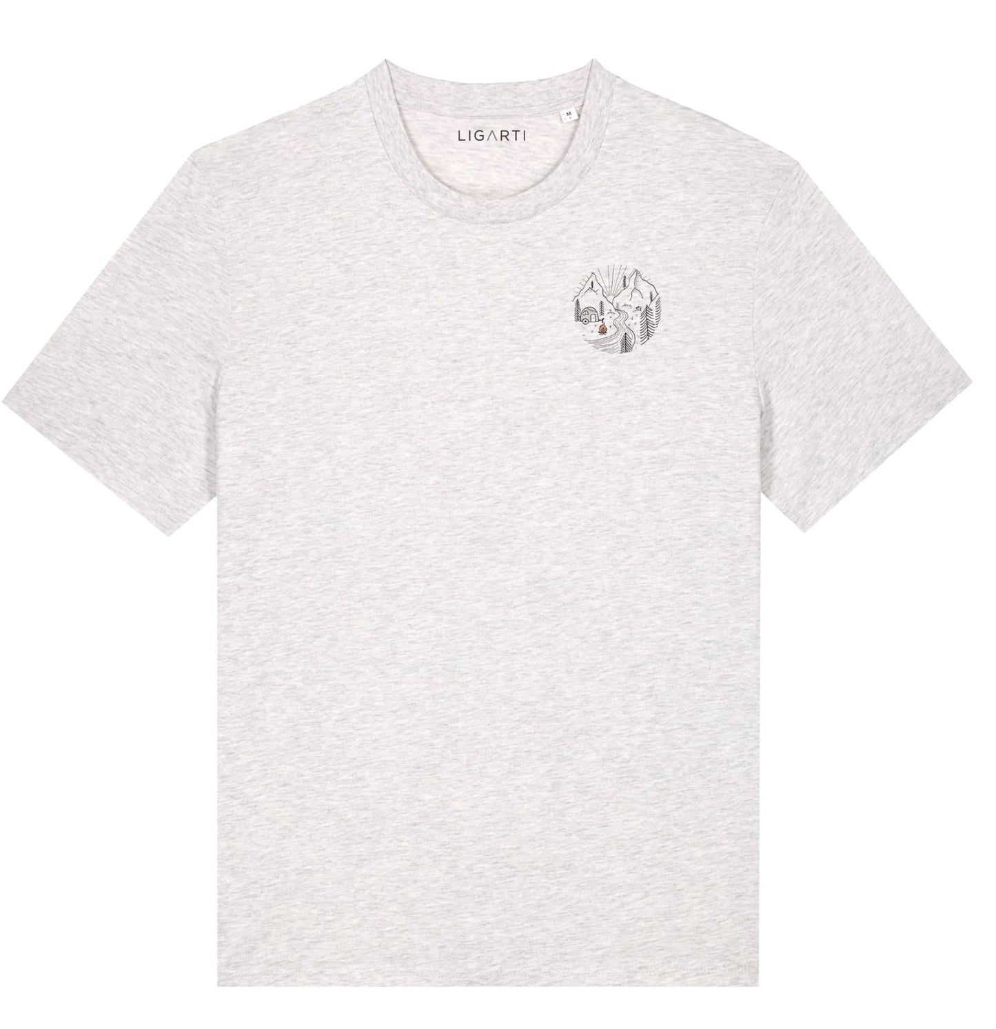 Marl grey organic cotton t-shirt with a minimal mountain camping scene and cute campervan illustration on the front