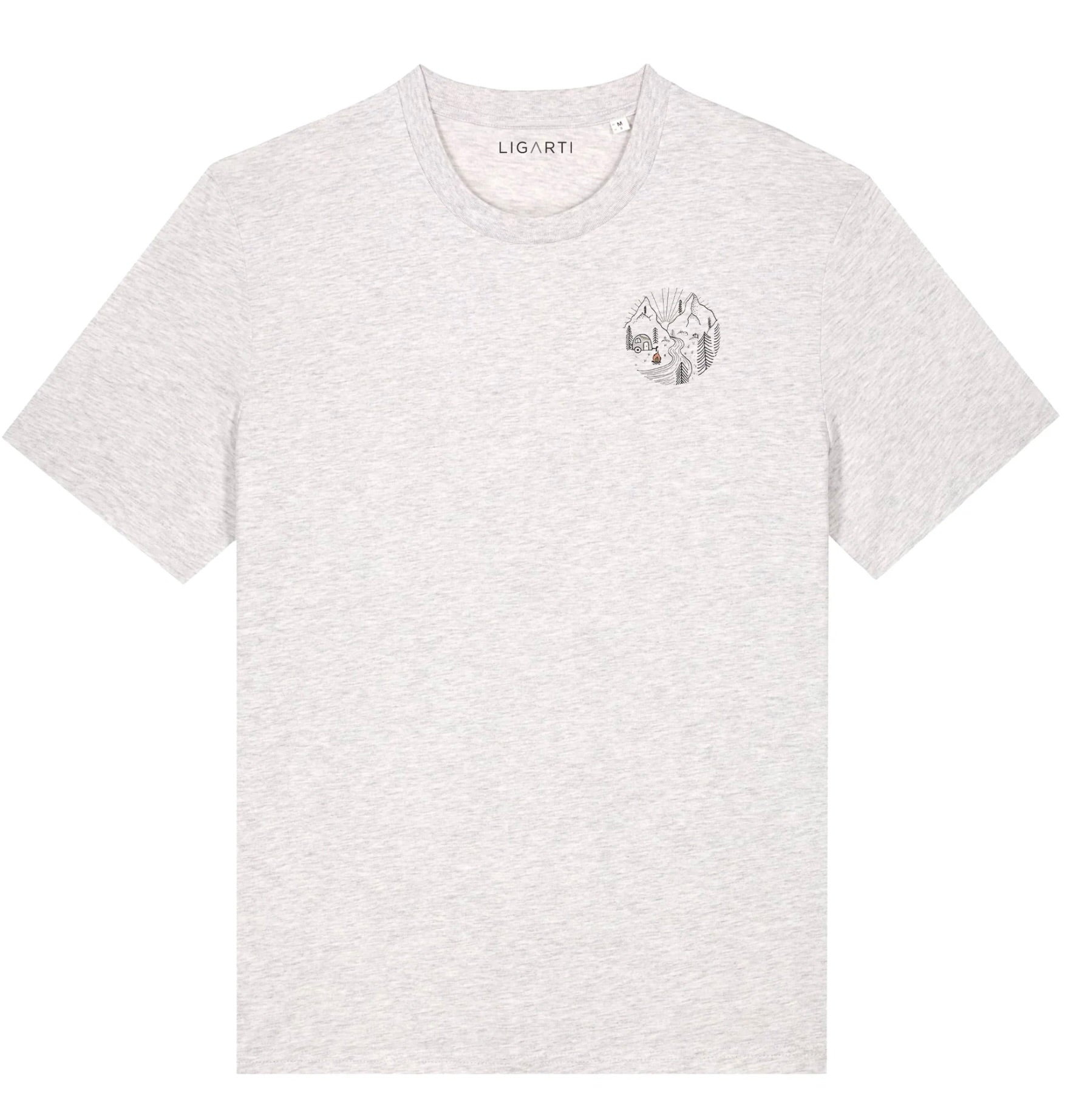 Marl grey organic cotton t-shirt with a minimal mountain camping scene and cute campervan illustration on the front