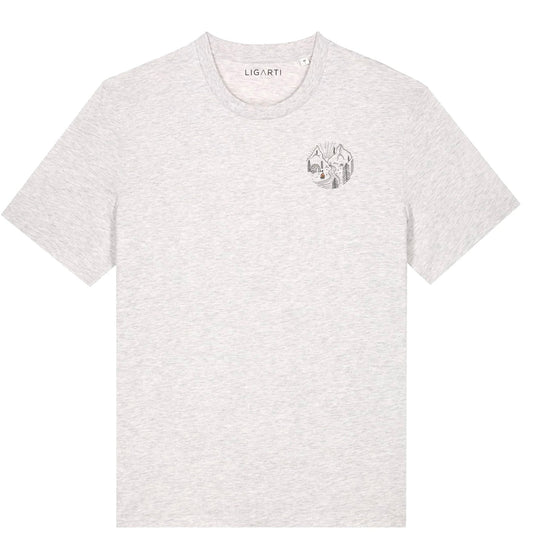 Marl grey organic cotton t-shirt with a minimal mountain camping scene and cute campervan illustration on the front