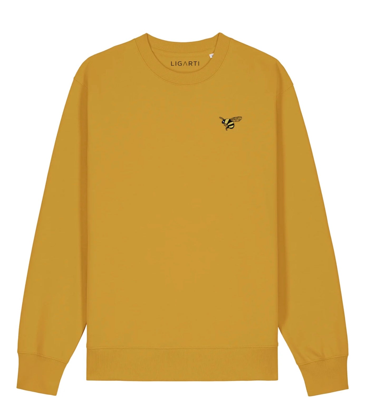 Saffron yellow organic cotton pullover with a minimal embroidered bee motif on the chest