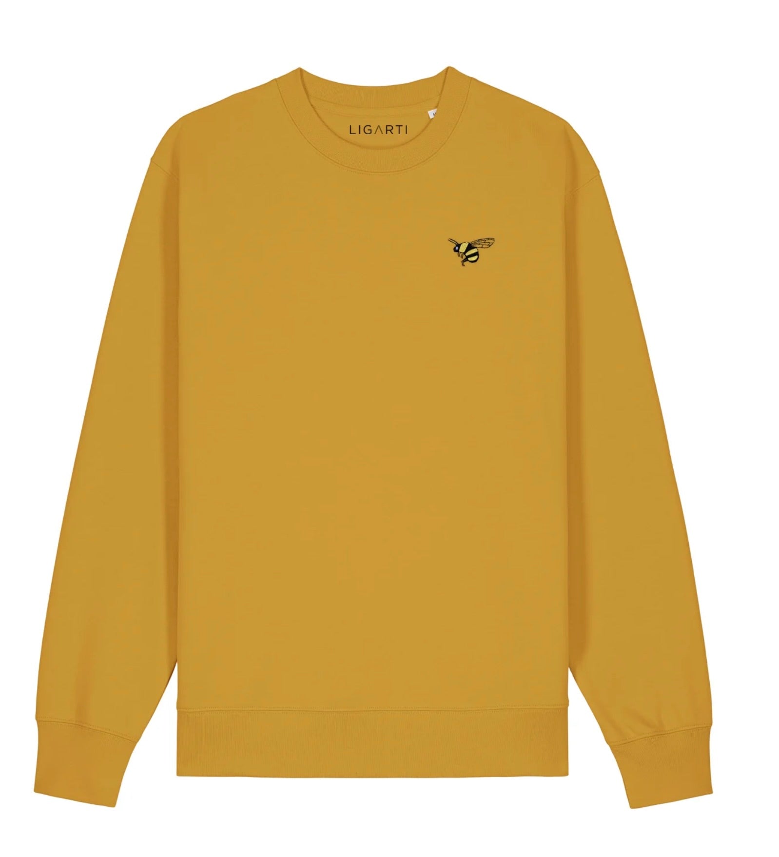 Saffron yellow organic cotton pullover with a minimal embroidered bee motif on the chest