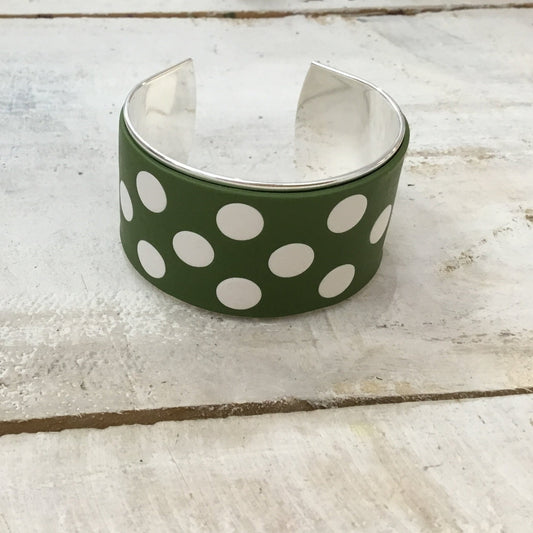 White & Olive Green “Polkadots” Bracelet cuff by Stephanie Fraselle - Artisan Jewellery Design