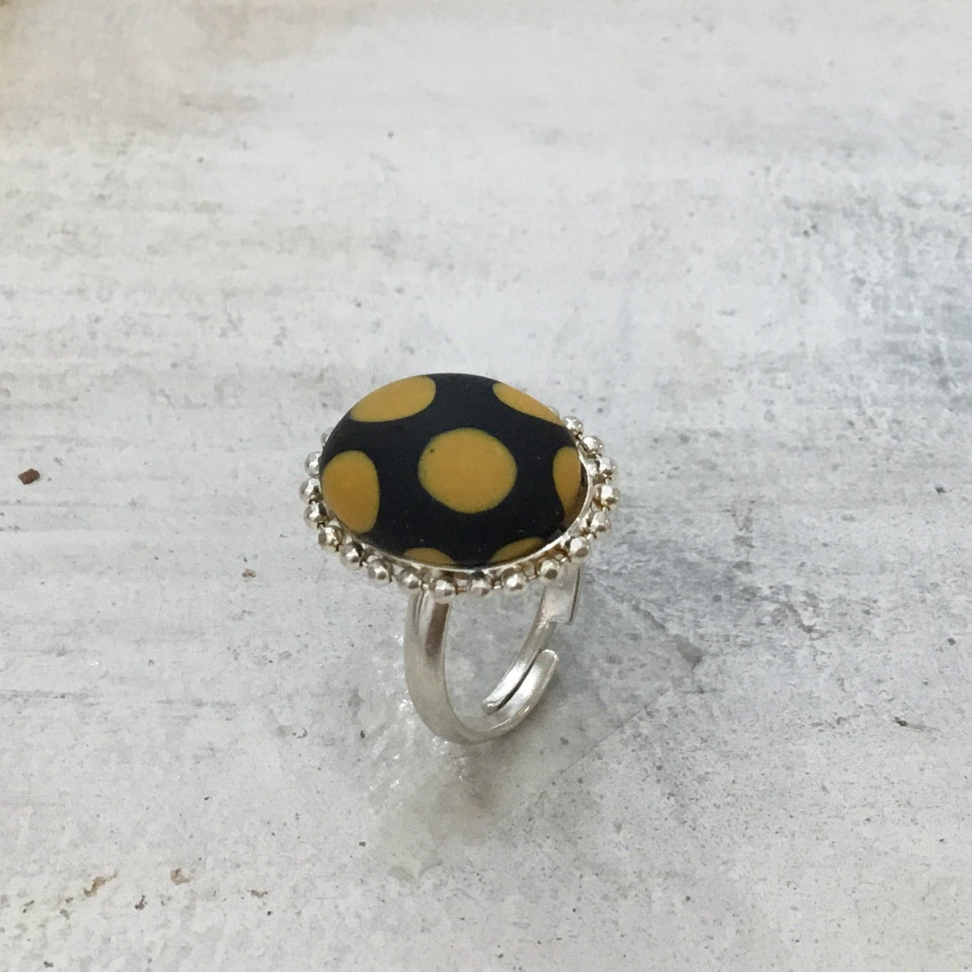 Black & Mustard “Polkadots” Sterling Silver 925 Oval adjustable ring by Stephanie Fraselle - Artisan Jewellery Design