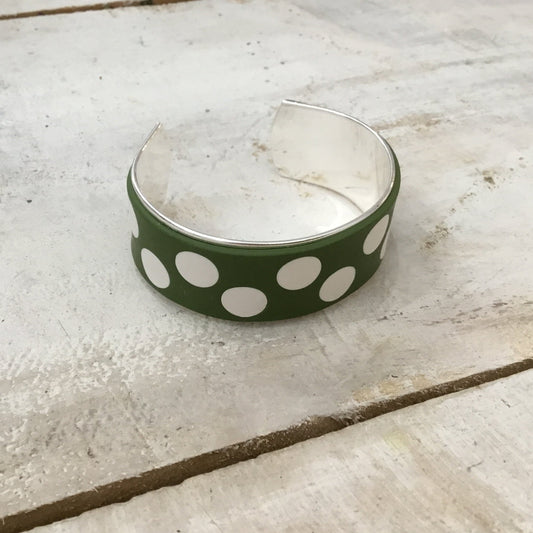 White & Olive Green “Polkadots” Bracelet cuff by Stephanie Fraselle - Artisan Jewellery Design
