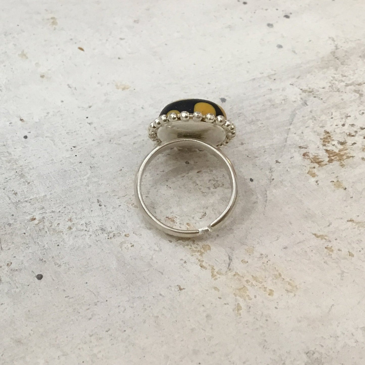 Black & Mustard “Polkadots” Sterling Silver 925 Oval adjustable ring by Stephanie Fraselle - Artisan Jewellery Design